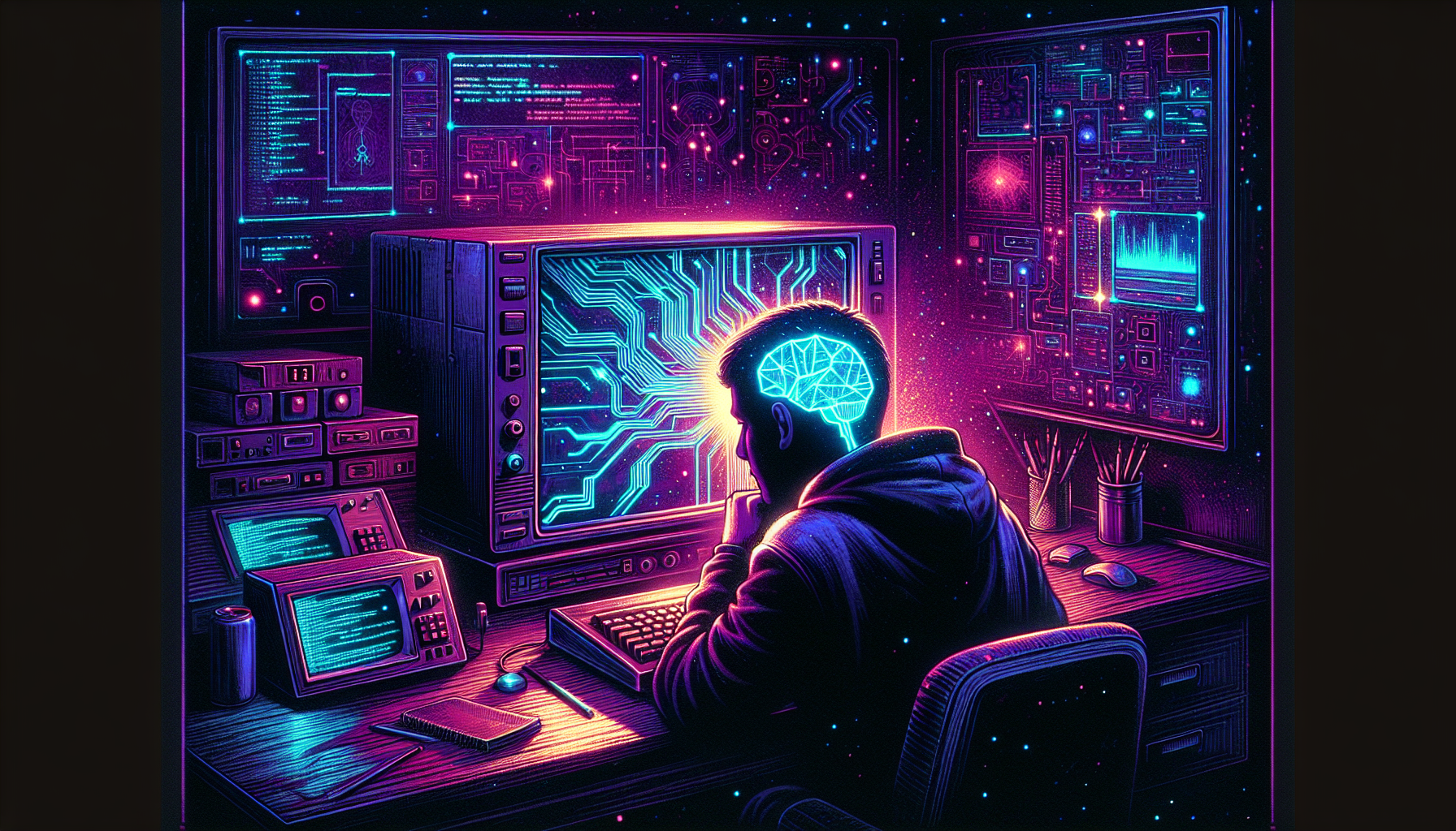 Developer at a glowing terminal — retro-futuristic AI scene